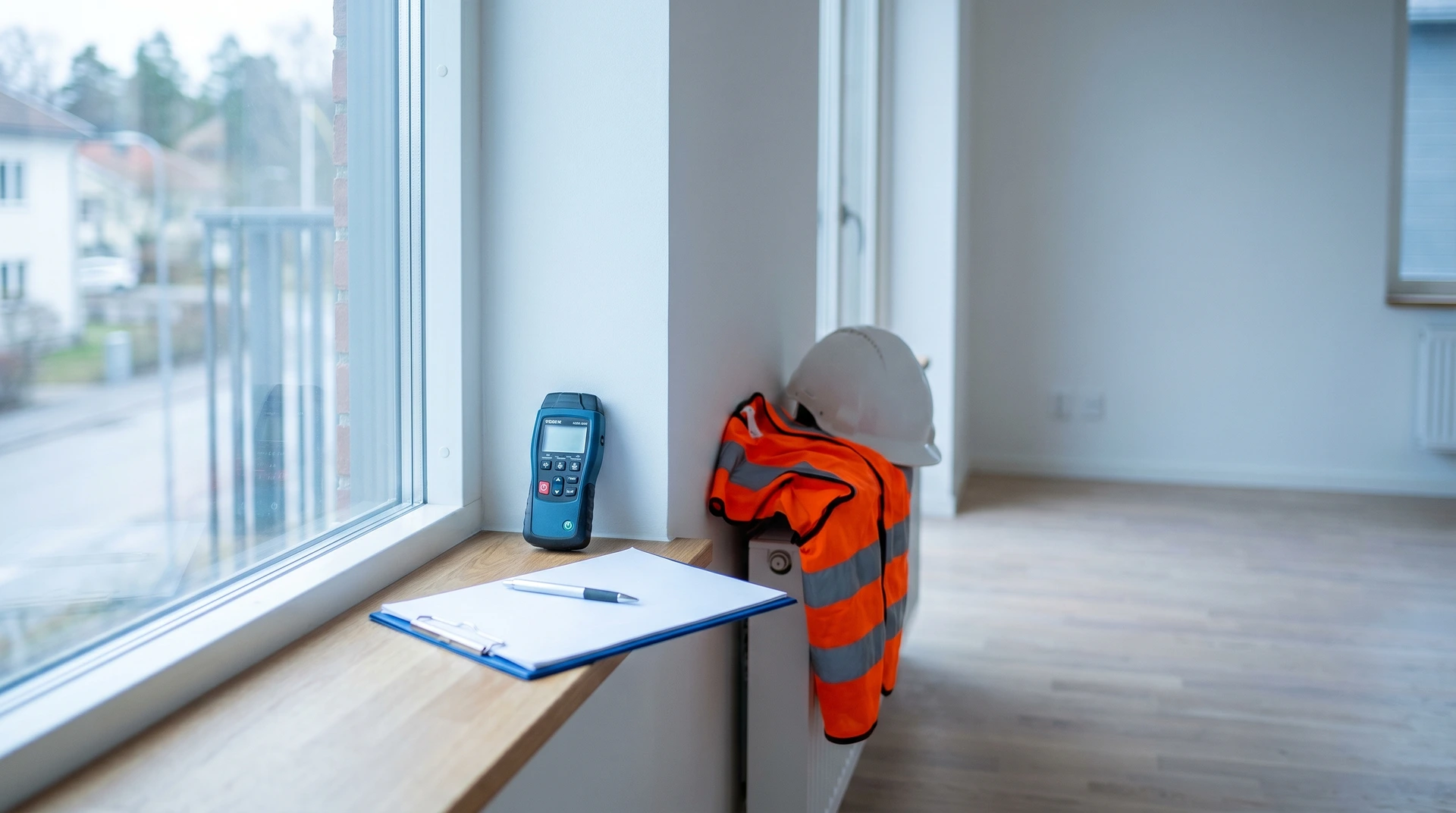 Fönsterbräda med lasermätare, anteckningsblock, reflexväst och hjälm.