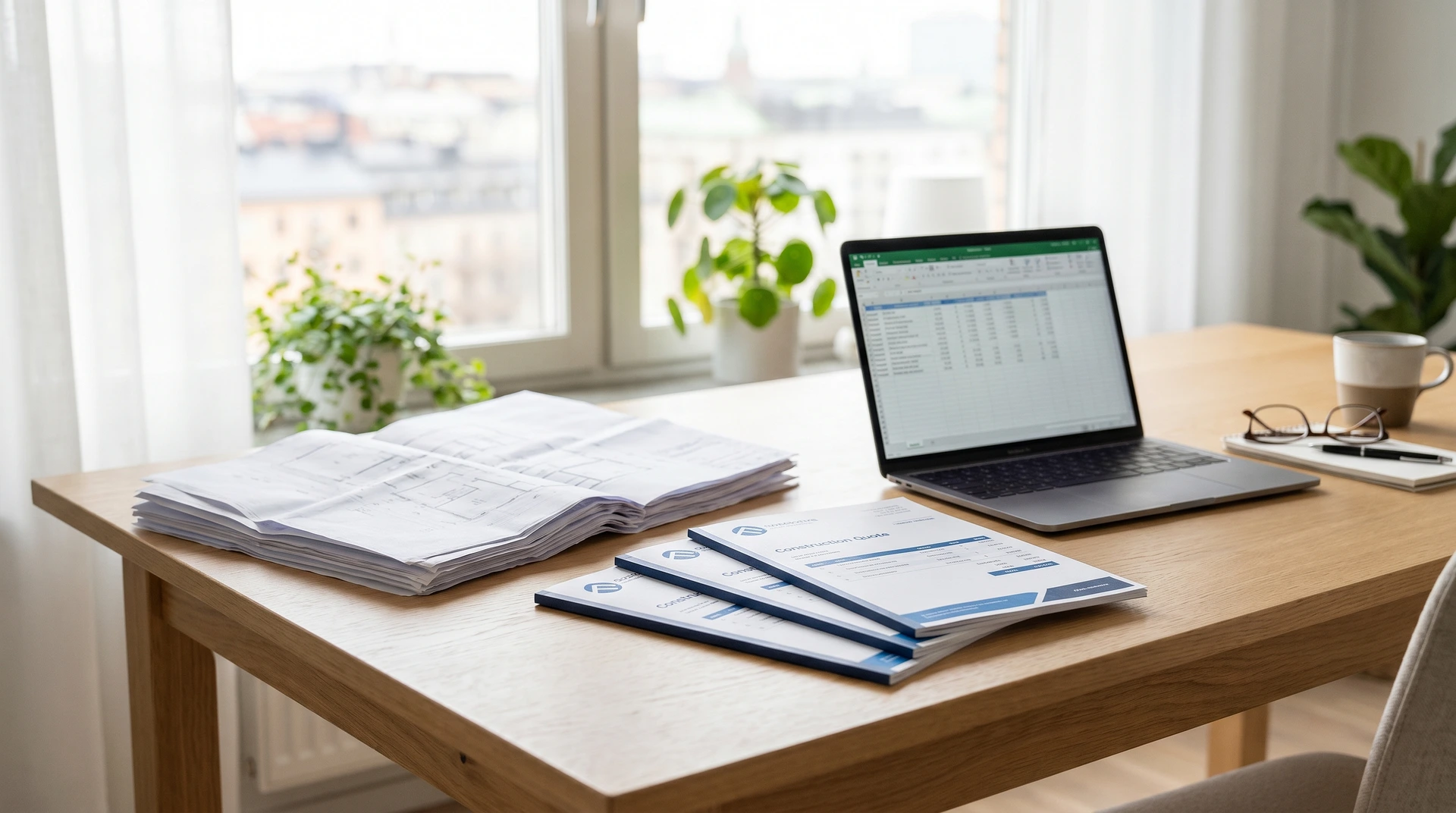 Skrivbord med byggritningar, konstruktionsofferter och öppen laptop med kalkylblad.